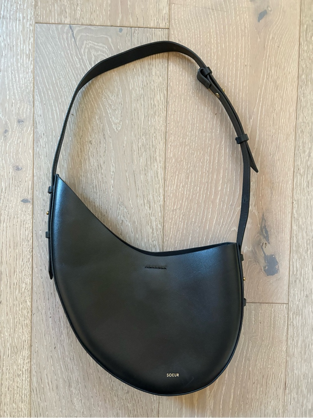 soeur Black Crescent Shoulder Bag in Smooth Leather with Adjustable Strap